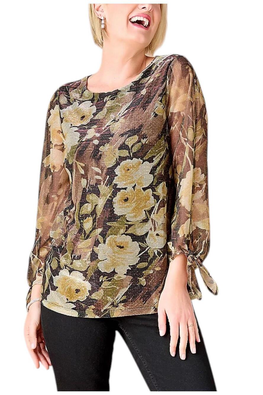 Susan Graver Occasions Foil Printed Knit Tie-Sleeve Top Gold/Neutral - Regular